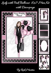 10x7 Lady with Pink Balloons Decoupage Mini Kit - x4 A4 Sheets 