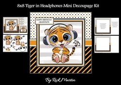 8x8 Tiger with Headphones Mini Decoupage Kit - x4 A4 sheets