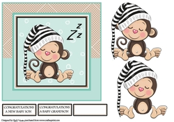 7X7 Little Sleepy Monkey Card Front with Decoupage & Sentiments