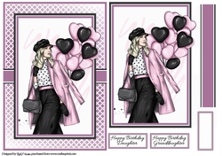 A5 Lady with Purple Balloons Card Front, Ribbon, Topper & Sentiments