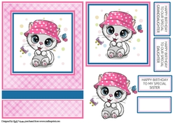 A5 Playful Summer Kitten Card Front Topper, Decoupage & Sentiments 