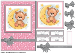 A5 Teddys 1st Birthday (Girl) Card Front, Topper and Decoupage with sentiments 