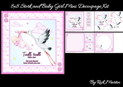 8x8 Stork & Baby Girl Mini Decoupage Kit - x4 A4 sheets 