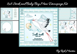 8x8 Stork & Baby Boy Mini Decoupage Kit - x4 A4 sheets 