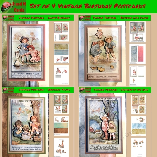Set of 4 Vintage Postcard Birthday Kits