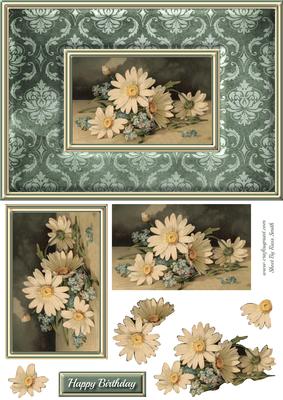 Cream Flowers on Green Damask Quick Card