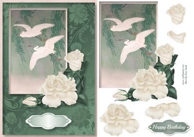 Oriental Birds & White Rose Quick Card