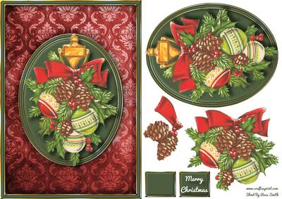 Christmas Decorations on Damask Quick Card - Red