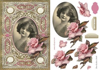 Vintage Girl with Big Pink Rose Quick Card