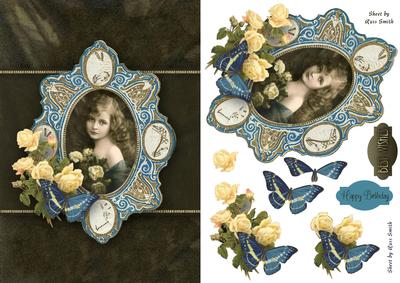 Vintage Girl with Blue Butterfly and Roses Quick Card