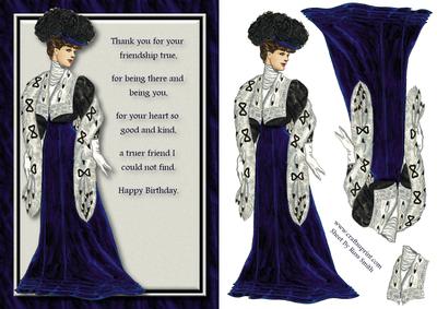 Lady in Blue, Cream and Black Card Front with 'friend' Verse