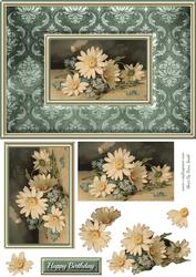 Cream Flowers on Green Damask Quick Card