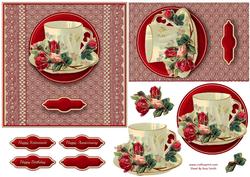 Teacup, Lace & Red Roses 6x6 Quick Card