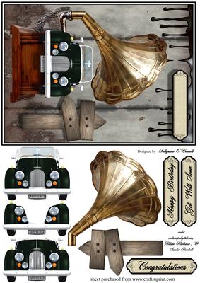 Male Card with Car and Gramaphone