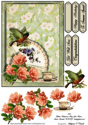 Fmale Card for Any Occasion, Bird, Fan, Flowers