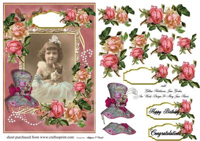 Vintage Girl with Cat and Roses