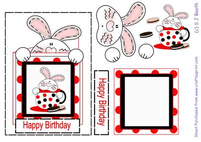 Bunny in a Teacup Card - Black & Red Spots