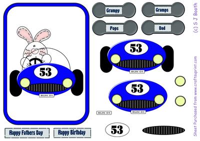 Bunny in a Blue Car Fathers Day/birthday