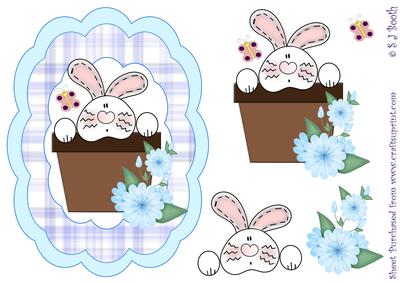 Bunny in a Pot Blue Flowers