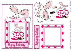 Bunny in a Tea Cup Happy Birthday Card in Spotty Pink