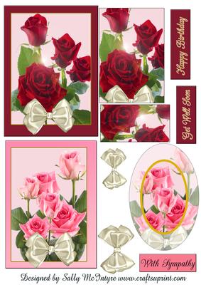 2 Card Sheet Red and Pink Roses Assorted Greetings