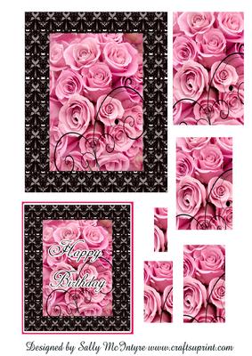 Black Lace and Pink Roses 2 Card Sheet Happy Birthday