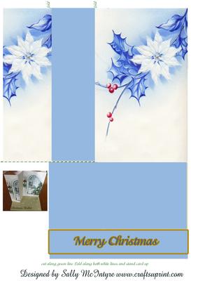 Stand Up Folded Card Christmas Blue and White Poinsettia