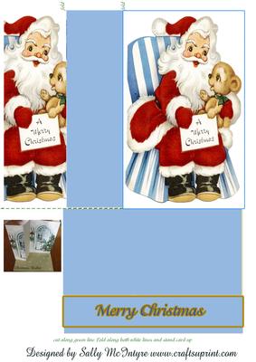 Stand Up Folded Card Christmas Blue and White Santa Sits