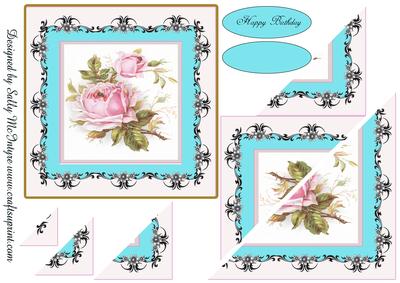 Blue Square Card Pink Roses and Lace