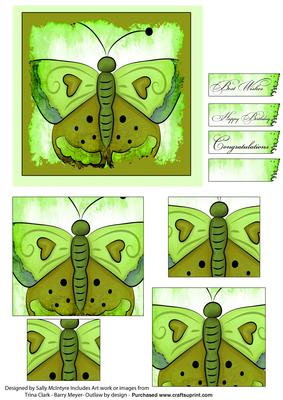Grunge Butterfly's Lime Green Multiple Greetings