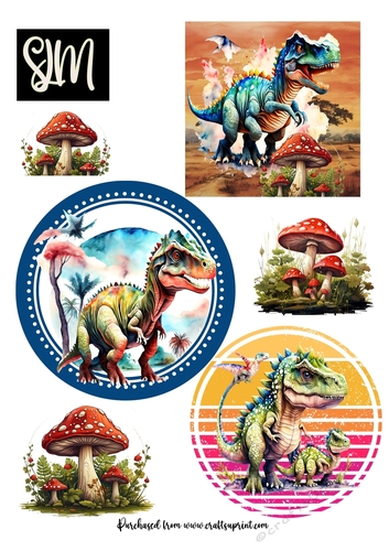 Dinosaur, mushrooms 