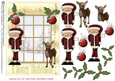 Leave in or Cut Out Window Santa and the Reindeer Merry Chr