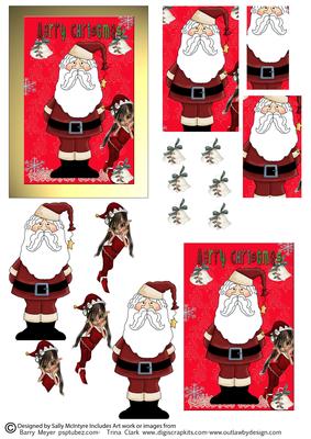 Santa and His Elf C 6 Card Merry Chrstmas Pyramid and 3D