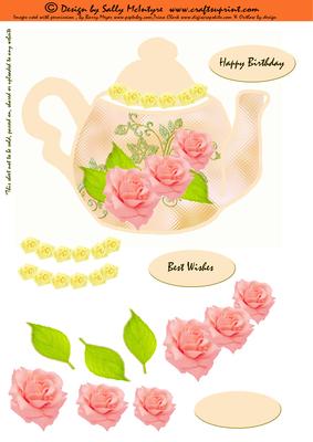 Tea Pot Shaped Topper with 3D Flowers in Apricot