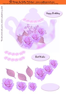 Tea Pot Shaped Topper with 3D Flowers in Lilac