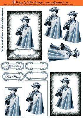 Vintage Elegant Lady 2 Card Sheet Blue