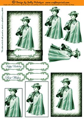 Vintage Elegant Lady 2 Card Sheet Vintage Aqua