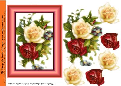 3D Rose Gold Frame Card Roses Red and Cream