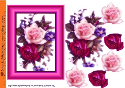 3D Hot Pink Gold Frame Card Roses Red and Cream