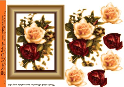 3D Autumn Tones Gold Frame Card Roses Red and Cream