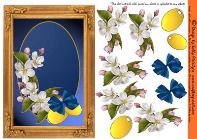 3D Frame Card Blue Velvet with Dogwood,gold Tags and Bow