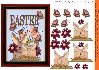 3D Red and Black Frame Card Easter Bunnies and Butterflies