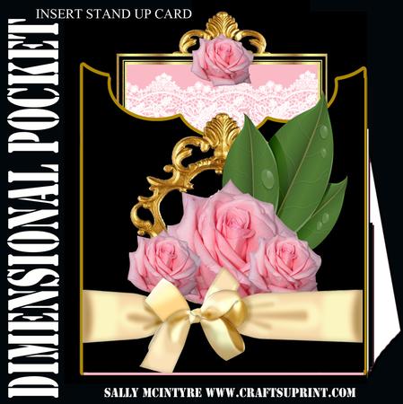Dimensional Pocket Insert Stand Up Card Pink Roses Black