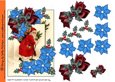 Vintage Santa Decoupage with Blue Poinsettia, Holly and Chri