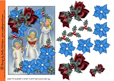Carolling Angels Decoupage with Blue Poinsettia, Holly and C
