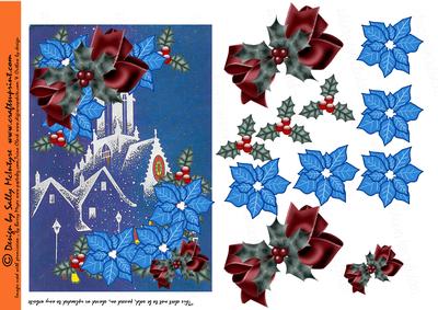 Churchside Decoupage with Blue Poinsettia, Holly and Christm