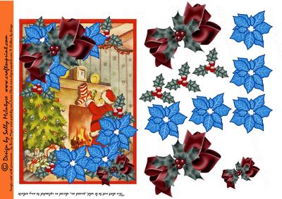 Santa Delivers Decoupage with Blue Poinsettia, Holly and Chr