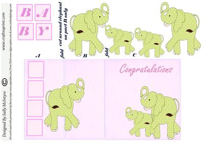 Baby Girl Fold Back Card with 3D Elephants