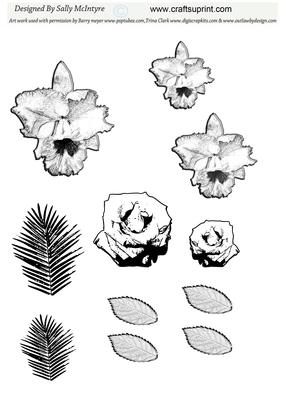 Digital Stamp Orchid Roses and Leaves