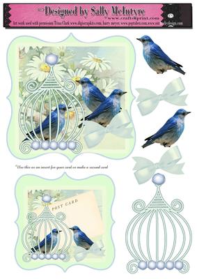 Vintage Blue Birds Card Green and Insert or 2 Cards Your Ch